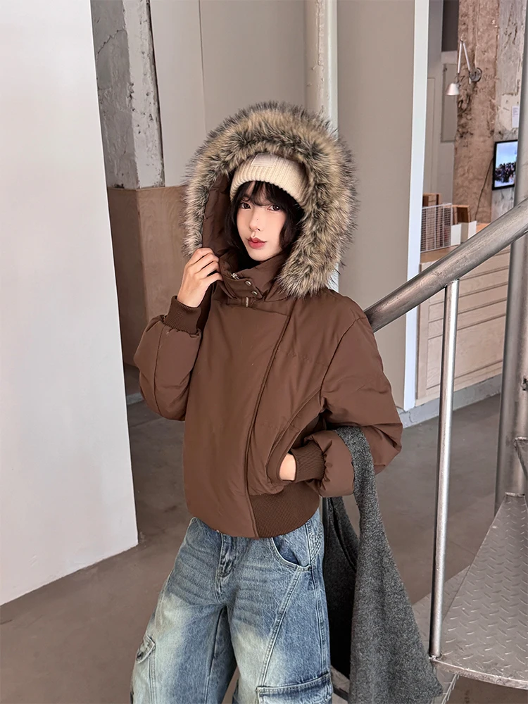 

URKR mat Chic Hooded Fur Trimmed down Jaet Women's Winter Thiened Waist-Cinching Slimming ort Sle Coat
