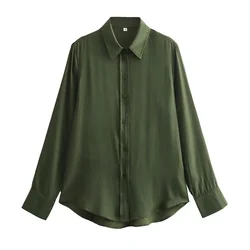 Taop&Za 2024 Summer Style Versatile Polo Collar Green Asymmetric Hem Solid Color Long sleeved Shirt for Women