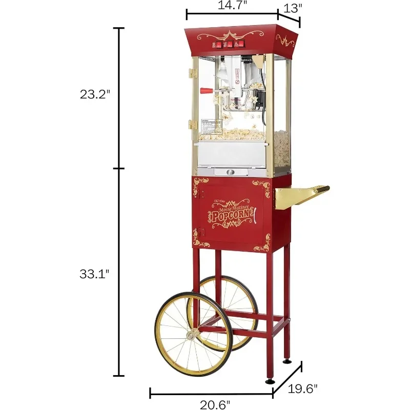 Matinee Popcorn Machine with Cart - 8oz Popper with Stainless-Steel Kettle, Warming Light, and Accessories by Great Northern