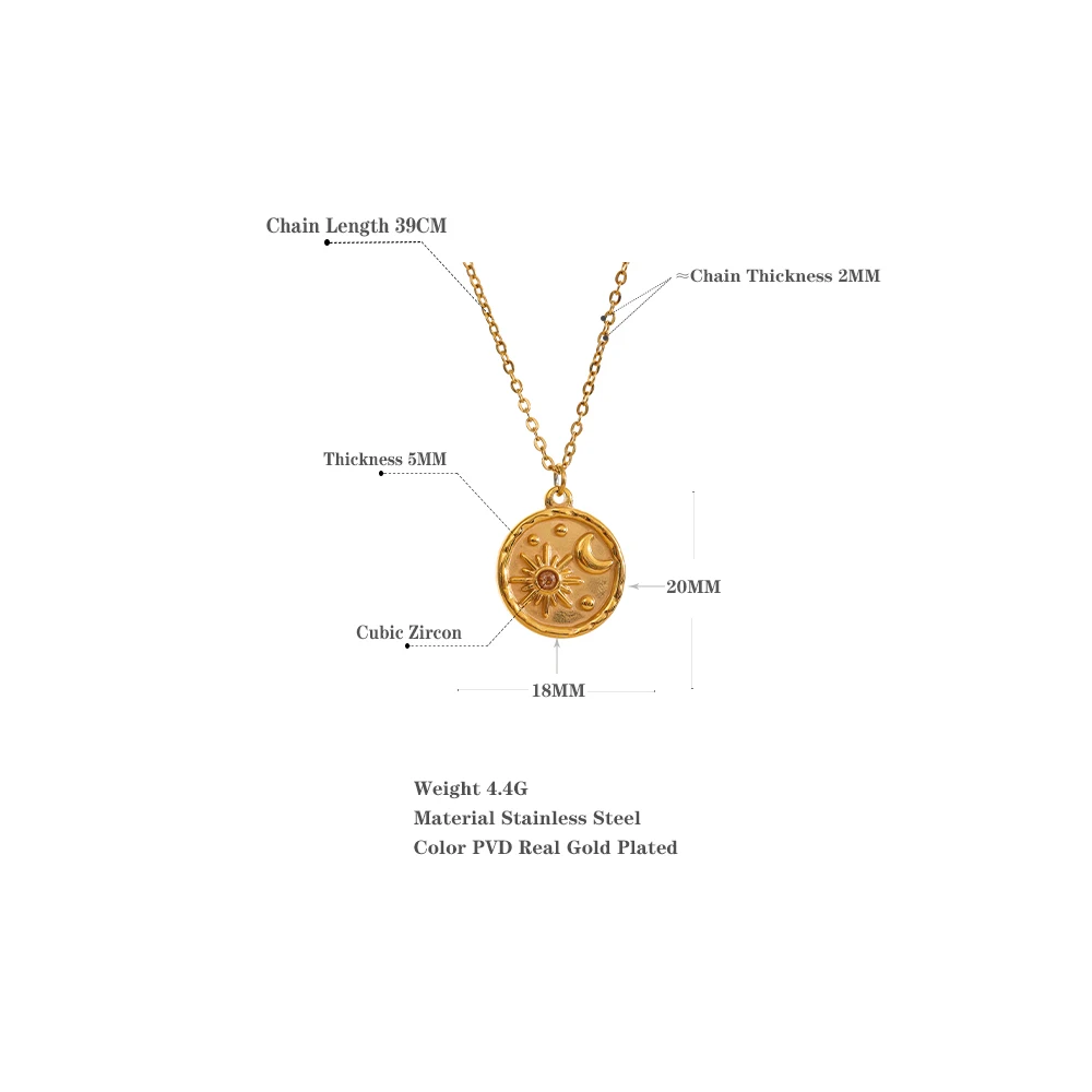 Yhpup Fashion Celestial Moon Sun Delicate Round Pendant Stainless Steel Necklace 18k Gold Plated Chain Trendy Charm Chic Jewelry