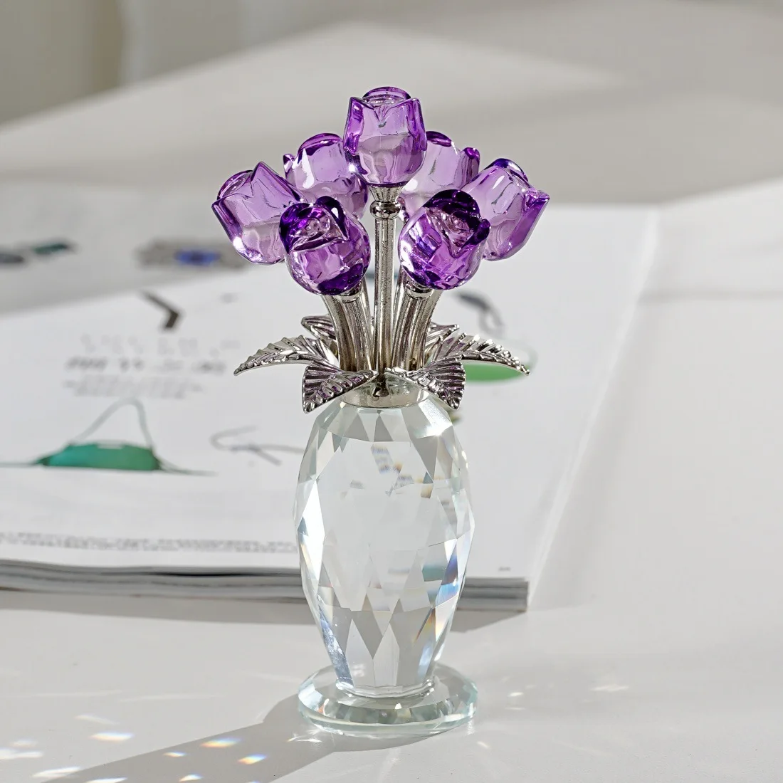 

Crystal Rose Bouquet Figurine,Handmade Rose Flower Gifts for Women,Glass Flower Collectible Ornament Home Table Wedding Decor