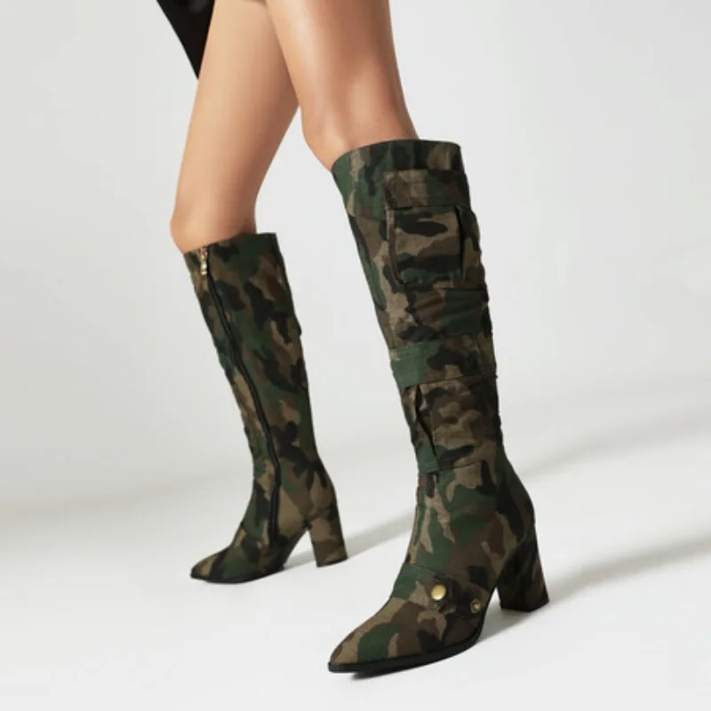 

2023 Autumn Camouflage Color 7cm Thick Heel Knee Length Boots Fashion Pointed Side Zip Metal Rivet Women's Boots Big Size 35-47