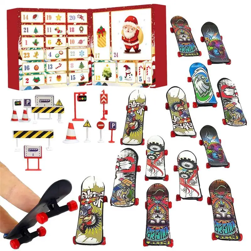 Calendario dell'Avvento con skateboard da dito Calendario per il conto alla rovescia di Natale da 24 giorni Set di giocattoli per mini skateboard per bambini Regali di Natale e Capodanno