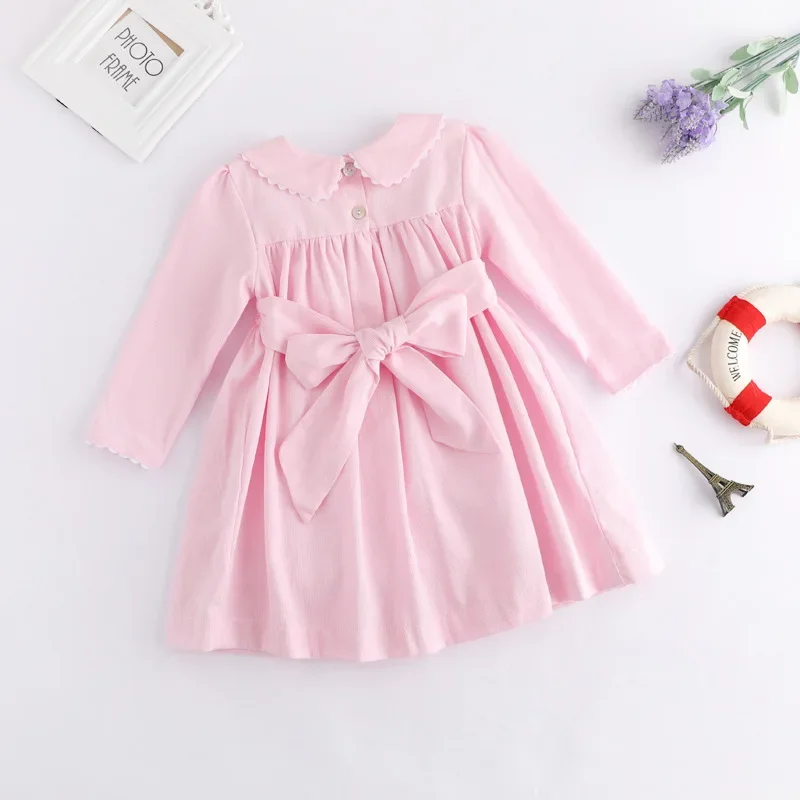 Baby Girls Smocked Dresses Autumn 2023 Kids Pink Cotton Dress with Collar Children Smocking Princess Clothing Toddler Clothes