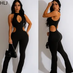 HLJ Sexy Solid Color Hollow Out Halter Bodycon Jumpsuits Women Sleeveless Straight One Piece Playsuit Fashion Party Club Overall