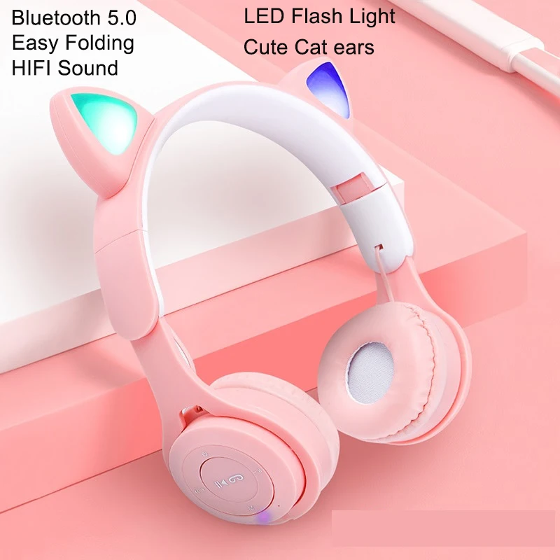 Flash Light Cute Cat Ear Headphones Wireless with Mic Can close LED Kids Girls Stereo Phone Music Bluetooth Headset Gamer Gift