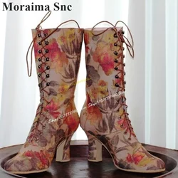 Trending Mixed Color Cross Tied Print Boots Thick Heel Shoes For Women Cross Tied Round Toe 2024 Fashionable Zapatos Para Mujere