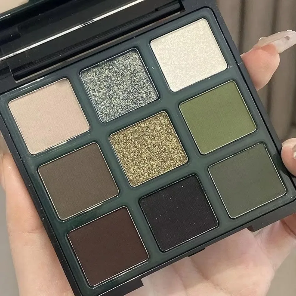 Paleta de sombra de ojos verde oliva, paleta de maquillaje de 9 colores, brillo nacarado, sombra de ojos ahumada mate, resaltador de cosméticos con brillo