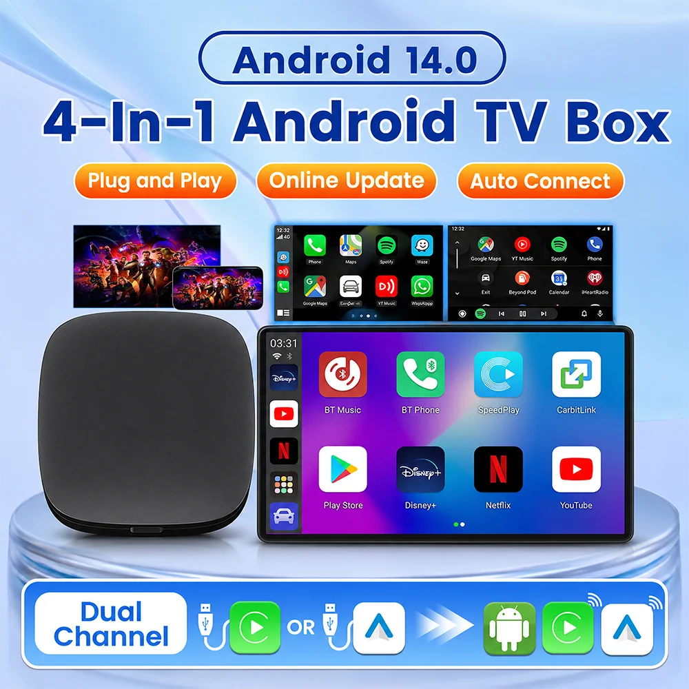 CarRocket 2026 Android 14 CarPlay Ai Box Wireless Android Auto 3in1 USB Adapter For Youtube Netflix Universal TV Box Plug & Play