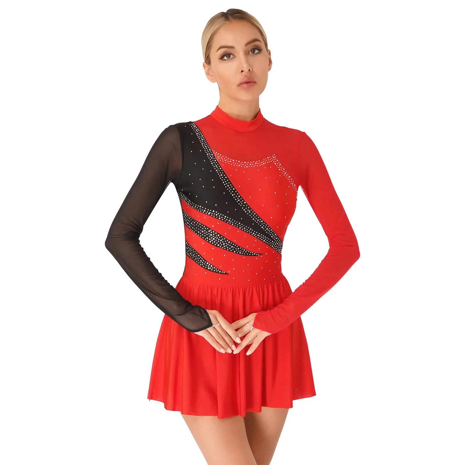 Womens Gymnastics Artistic Figure Skating Dance Performance Costume Glittery Rhinestone Leotard Dress Sheer Mesh Cutout Dress