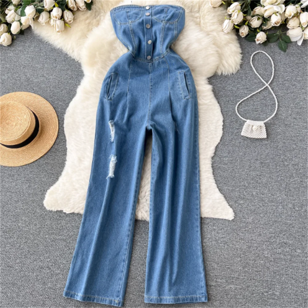 

Denim overalls one-piece jeans women's Single breasted loose forked holes floor long trousers