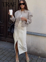 TRAFZA Autumn Women's Beige Loose Bomber Jacket Fashion Round Neck Single Breasted Casual Long Sleeve Jacket Women's Crop Tops