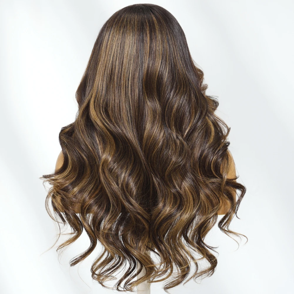 UNICE Brown Mixed Blonde Highlight Body Wave Wig Left Side Part 7x5 Lace Glueless Human Hair Drawstring Wig 150% Density