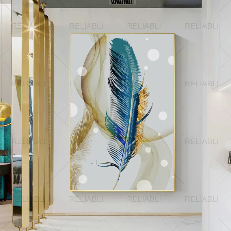 Nordic Green Golden Feather Art Prints Modern Canvas Painting Abstract Leaf Poster Wall Pictures for Interior Home Decor Cuadros