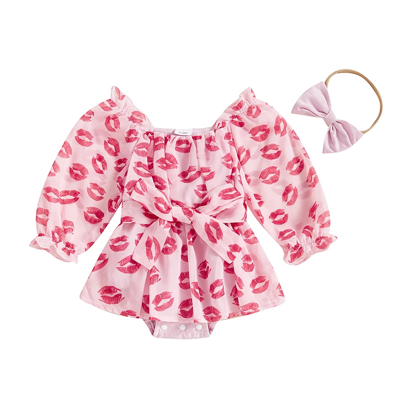 Baby Girl Valentine’s Day Outfits Long Sleeve Lips Print Romper with Headband Set Newborn Clothes