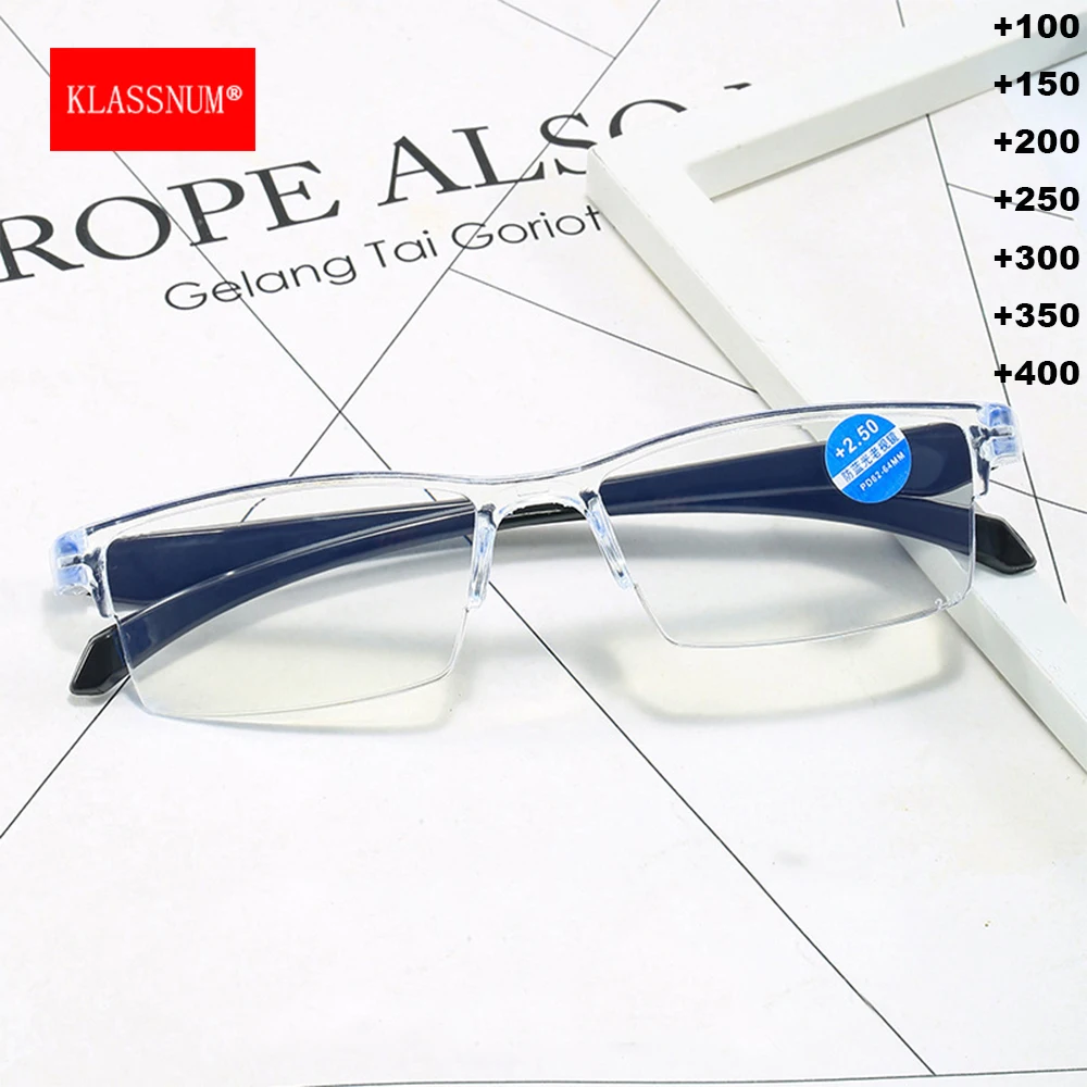 KLASSNUM Small Square Anti Blue Light Reading Glasses Man Women Plus Reading Glasses Clear Yellow Blue Lens +1.0+1.5+2.0+2.5+4.0