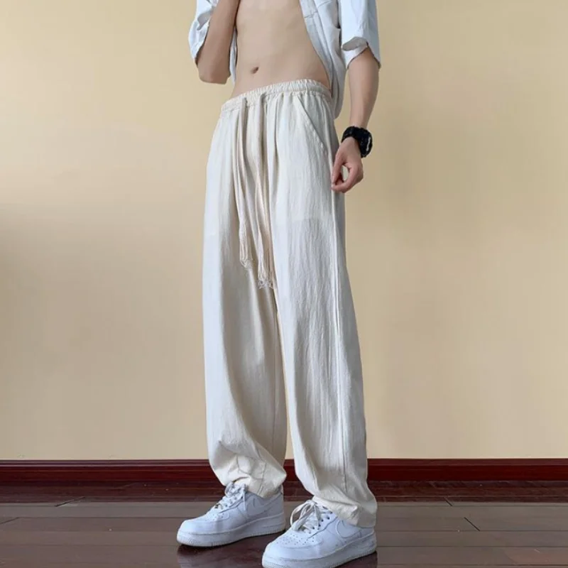 

Cotton slacks men's summer slim fit oversize wid pants American high street linen bucket pants boom