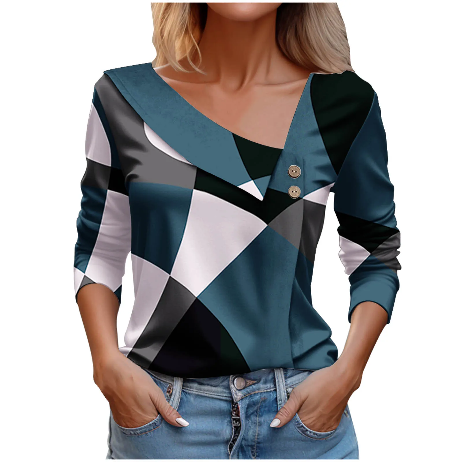 2024 Autumn Vintage Print Fashion Top Button Commuter Design Sense V-neck Pullover Spring Harajuku Clothing Top Women's Shirt