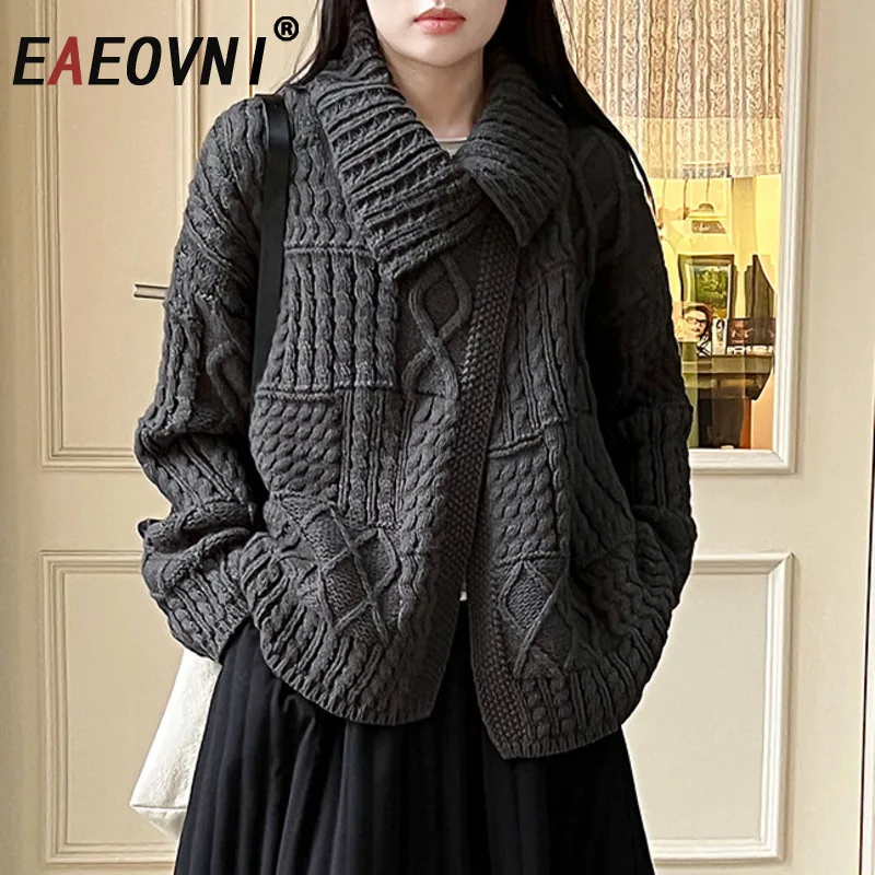 

EAEOVNI повседневный шерстяной вязаный свитер женский однотонный дизайн с лацканами с разрезом и длинным рукавом свободные модные топы осень-зима новинка