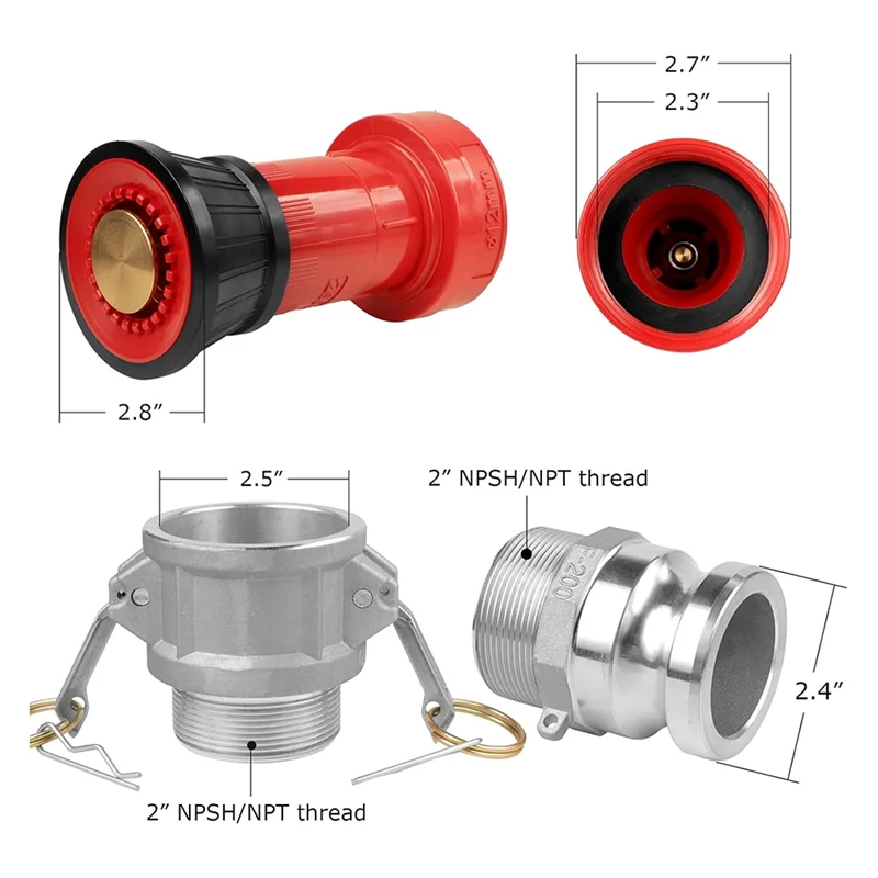 Buse de tuyau d'incendie PORK, buse de brouillard à flux Constant pour tuyau d'incendie industriel robuste NPSH 2 pouces avec 2 raccords Camlock de 2 pouces