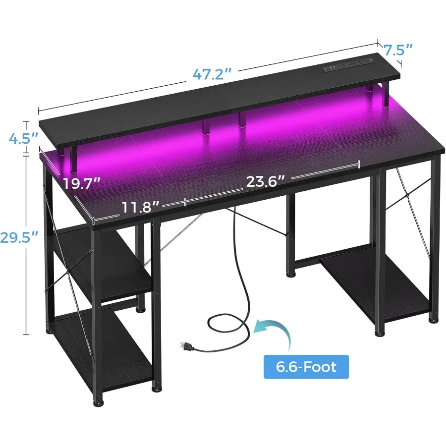 مكتب ألعاب مقاس 48 بوصة مع مكتب كمبيوتر بإضاءة LED مع حامل شاشة وطاولة كمبيوتر مع حامل وحدة المعالجة المركزية باللون الأسود العميق #3