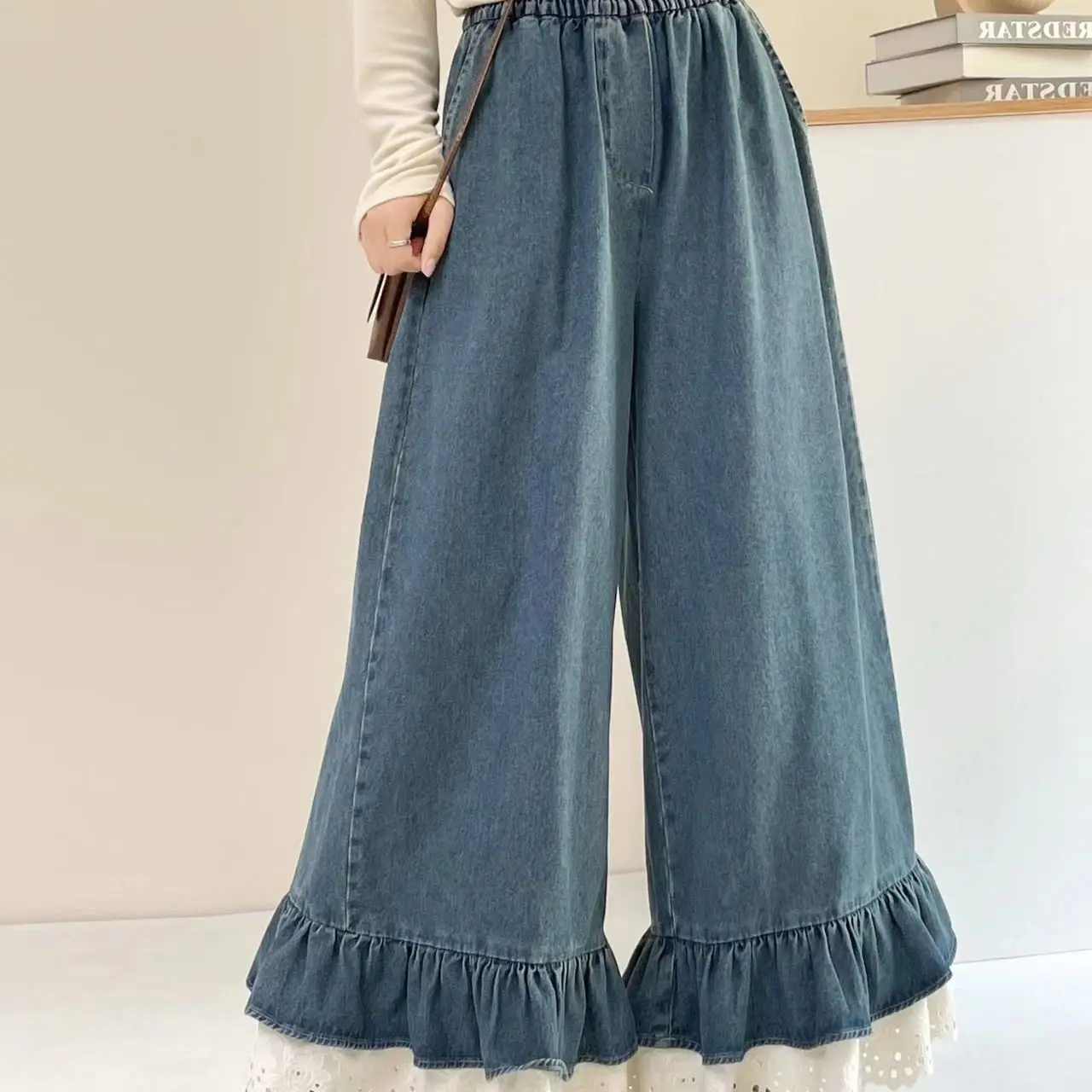 Japanese Elastic Waistband Lace Lace Patchwork Denim Casual Pants For Women's Autumn New Style Temperament Baggy Jeans