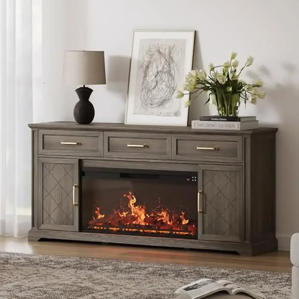 Farmhouse TV Stand Electric Fireplace Entertainment Center Storage Drawers Cabinets 68 inch Unique Color Combinations Grooved