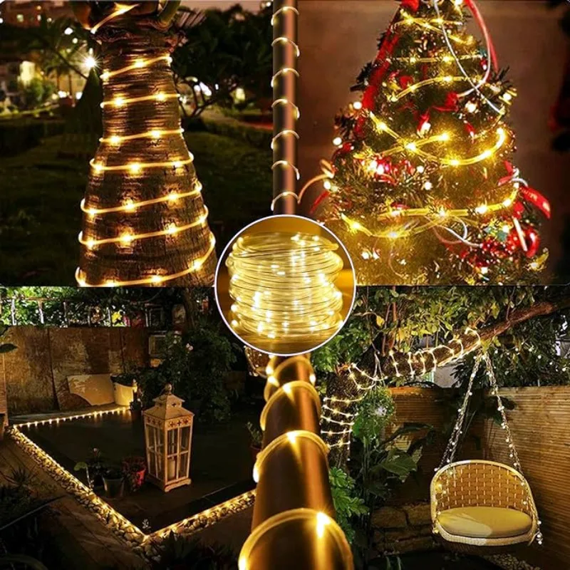 Solar Powered Garland String Luz, LED, Strip Corda, Tubo, Fada, Ao ar livre, Decoração de Natal, Jardim, Gramado, Árvore, Quintal, Cerca