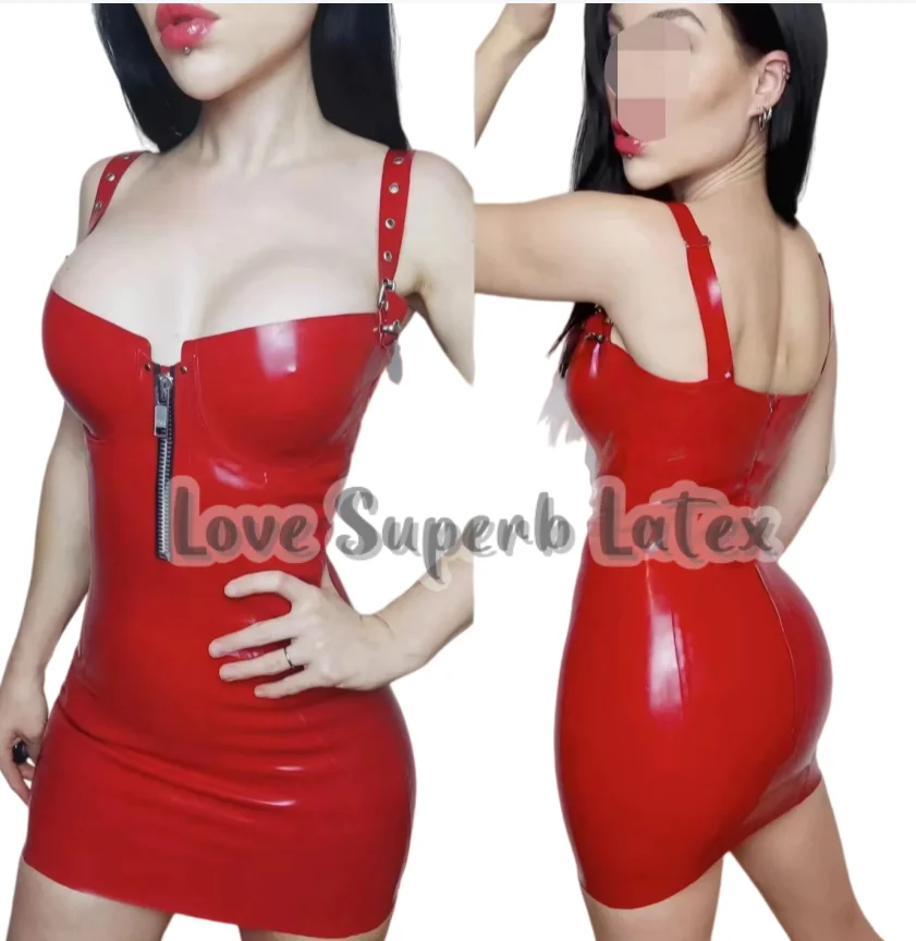 

Latex Mini Dress With Adjustable Shoulder Straps Fitted Slim Sexy Elegant Latex Party Dress Front Short Zip Halloween PARTY