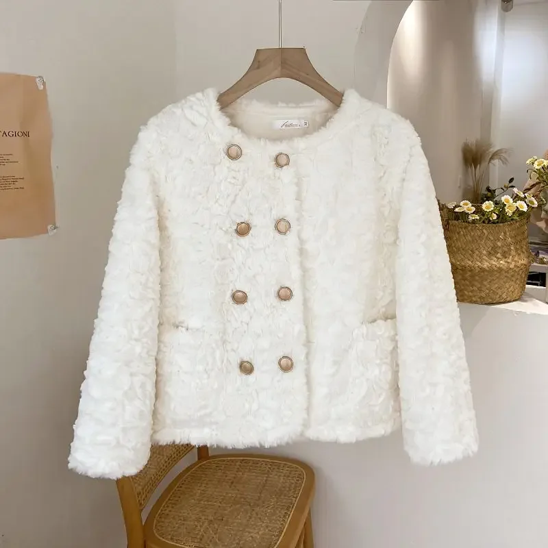 Women Faux Rabbit Fur Coat Female Temperament Double Breasted Casual Outwear Winter New Fashion Solid Color Round Collar Outcoat