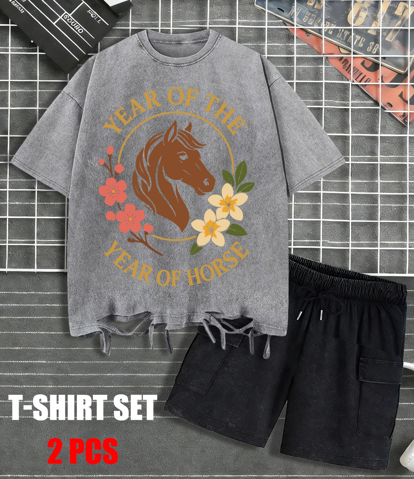 

Мужская футболка в стиле ретро с дизайном «Год Лошади», модный спортивный костюм с круглым вырезом, базовая одежда с дырками, хлопковый комплект унисекс с свободными шортами