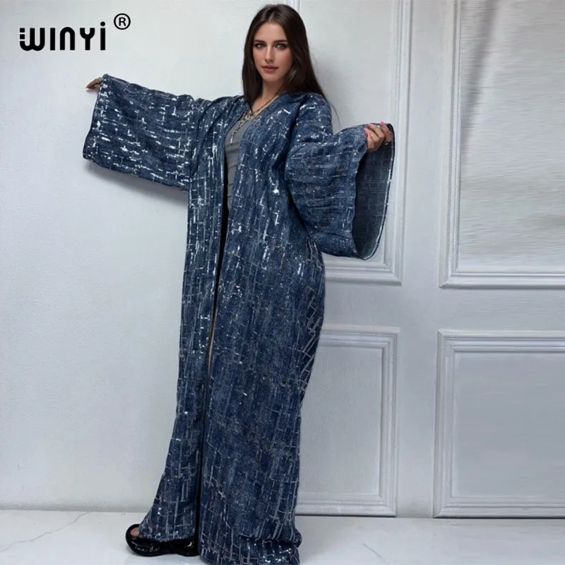 WINYI new Sequined denim cardigan Women long down coat Loose Dress elegant Party maxi Holiday Swimming Cover Up fashion Kimono