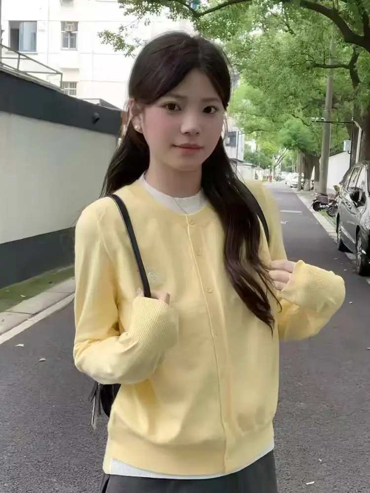 

Корейский вязаный кардиган Sle ort, женский весенне-осенний желтый свитер, джет, универсальный женский верх, многослойный дизайн, для поездок на работу, S...