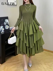 GVUW Pleated Ruffles Dress Women Round Collar Full Sleeve Solid Color A Line Evening Party New 2024 Fashion Dresses 17G8454