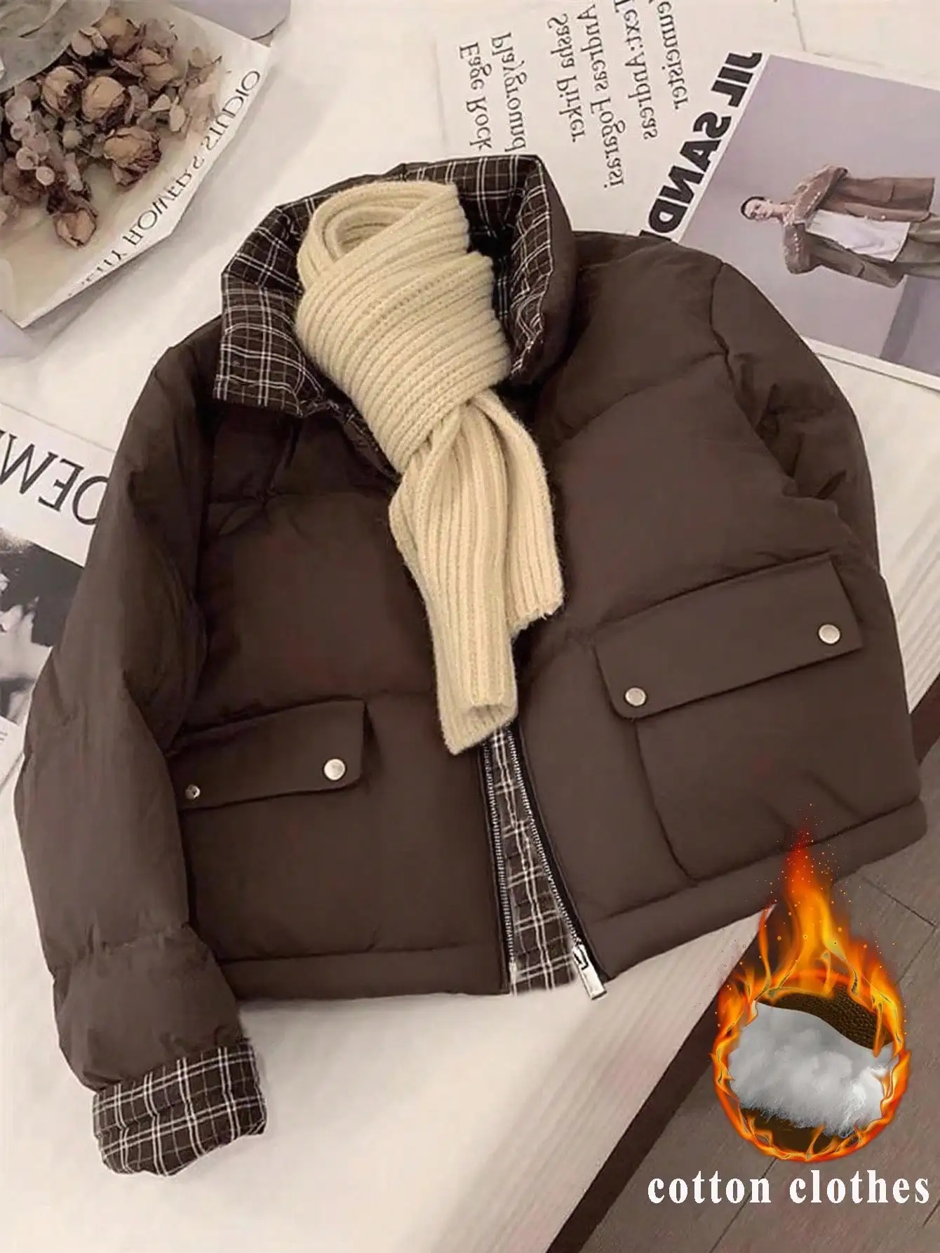 

Brown Plaid Collar Puffer Jacket with Front Pockets for Women, Winter Warm Short Coat