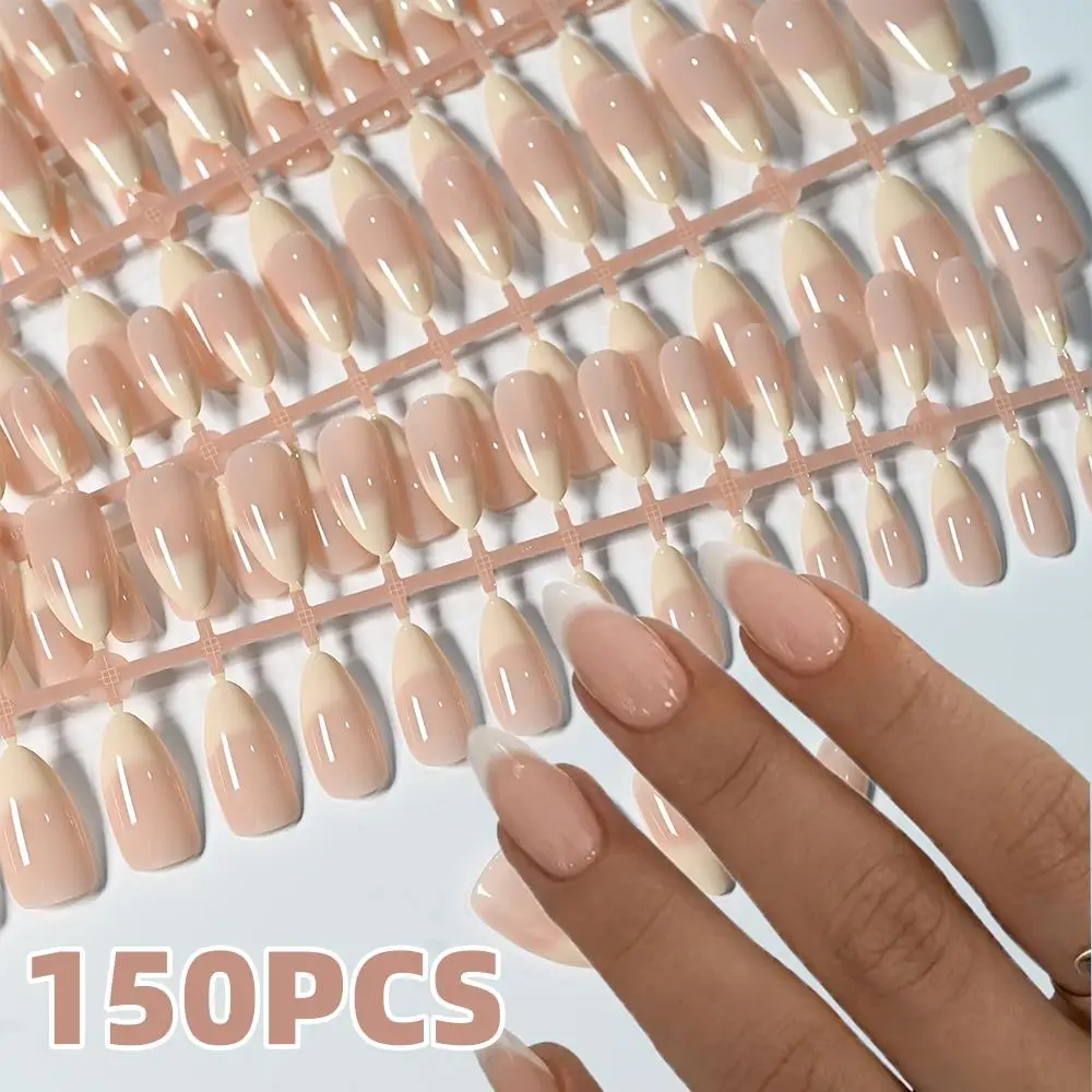 150 Stück Nude-weiße Ombre French Tips Kunstnägel, glänzend, mittellang, mandelförmig, zum Aufkleben, für Damen, Büro, Alltag, einfache falsche Maniküre