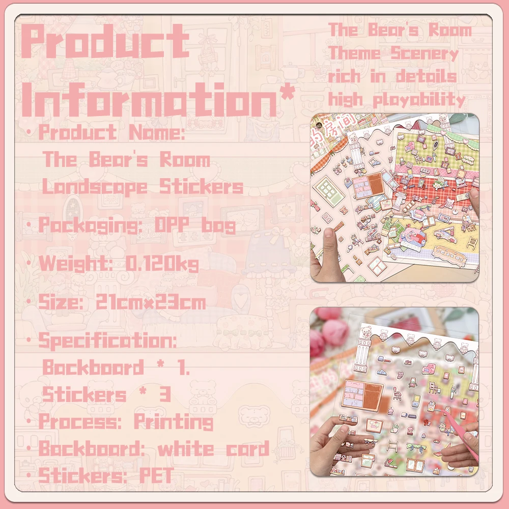 3PCS Creative Miniature Bear Room Cute Cartoon Landscape Decompression PET Transparent Material Stickers
