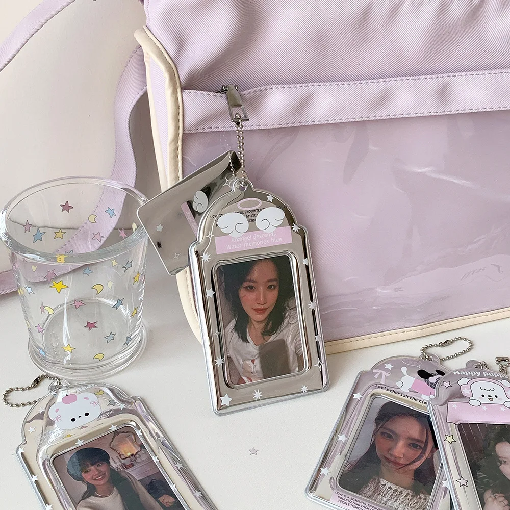 Kpop Fashion Cartoon Silver Angel Wings 3-Inch Photo Card Holder Cute Girls Backpack Pendant Decoration Storage Card Bag Gifts