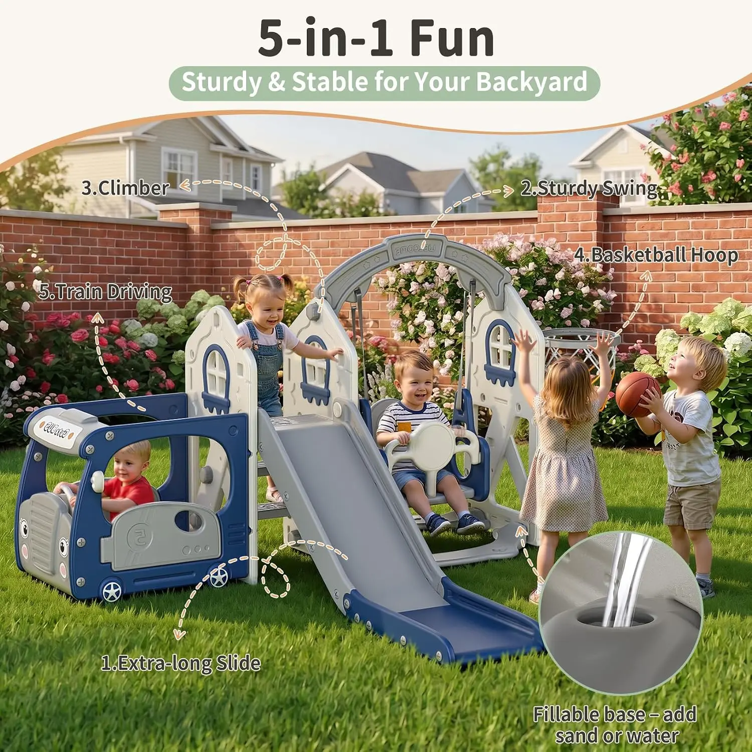 5-in-1 Bus Themed Toddler Slide Swing Set for Kid 1-3 Home/Backyard | HDPE Material, ASTM Certified, Supports 120 lbs, Toddler C