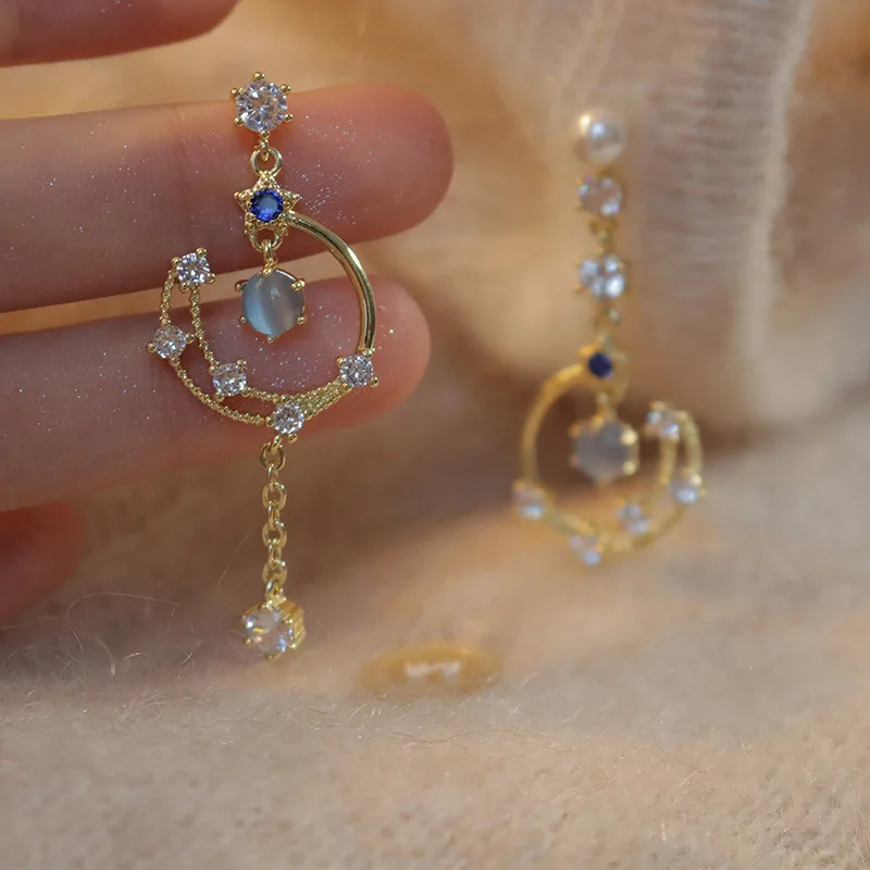 Korean Trend Asymmetric Hollow Moon Tassel Drop Earrings For Women Exquisite Zircon Opal Earring Wedding Jewelry Birthday Gift