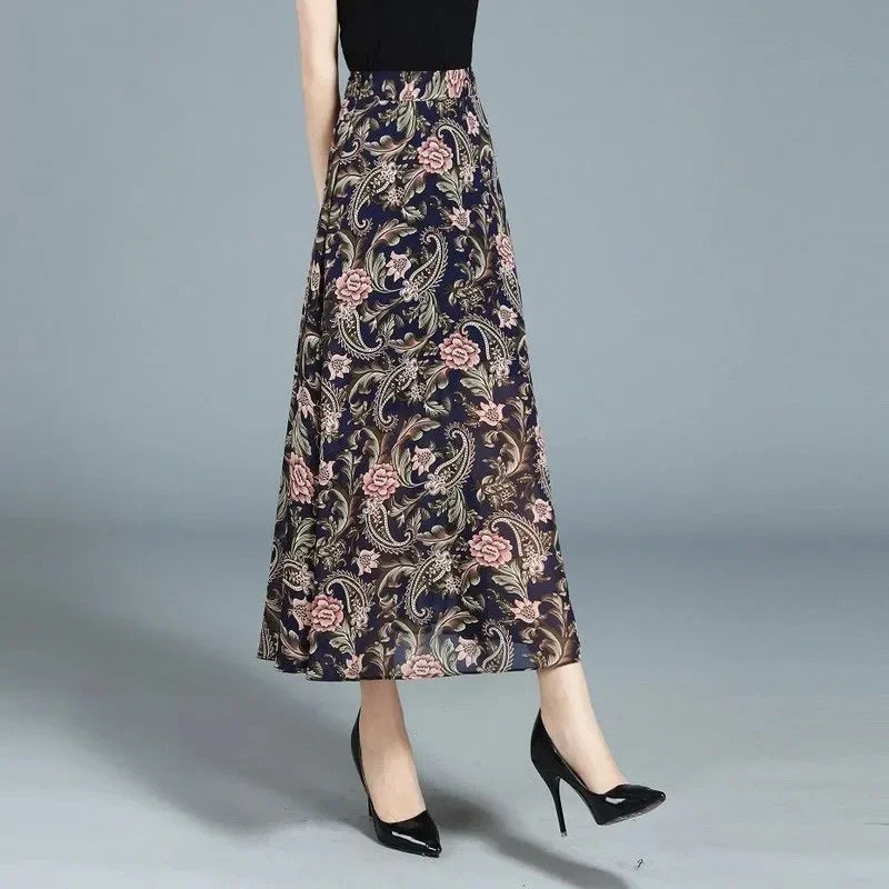 2025 primavera verão nova chiffon a linha saia feminina cintura alta divisão grande balanço saia floral casual all-match longo a linha saias