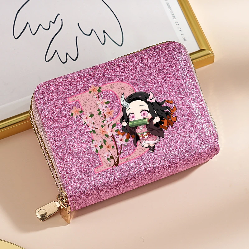 Demon Slayer Letter A-z Nezuko Anime Printed Short Wallet Zipper Shining Coin Purse Cute Card Holder Women Men Money Wallets