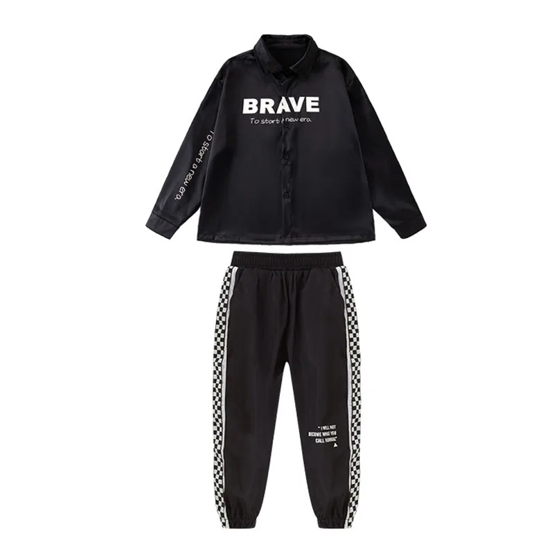 Kid Hip Hop Clothing Black Letter Print Shirt Casual Checkered Jogger Pants for Girl Boy Jazz Dance Costume Clothes Set Outfits