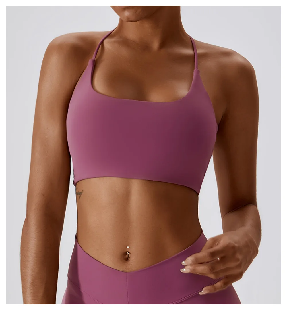 Soutien-gorge moulant en forme de U pour femme, sous-vêtement sexy de sport, de fitness, de gym, de yoga, avec sangle croisée dans le dos, coussin