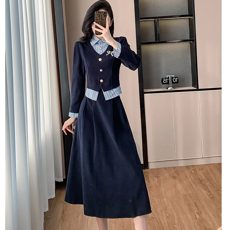 

2024 Autumn Fashion Two Pieces Set Korean Women Vintage Stripe Splicing Shirt Top + A-Line Midi Skirts Elegant Lady OL Outfits