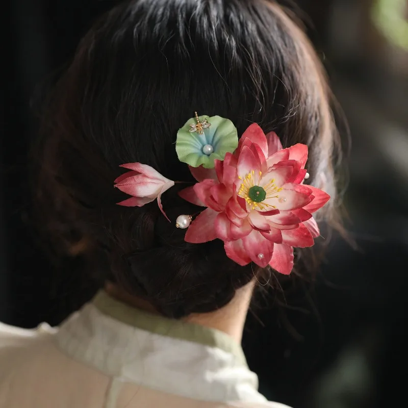 Lotus hairpin semi-tied hair girl antique headdress back head clip Tang Feng hair accessories super fairy Hanfu side clip