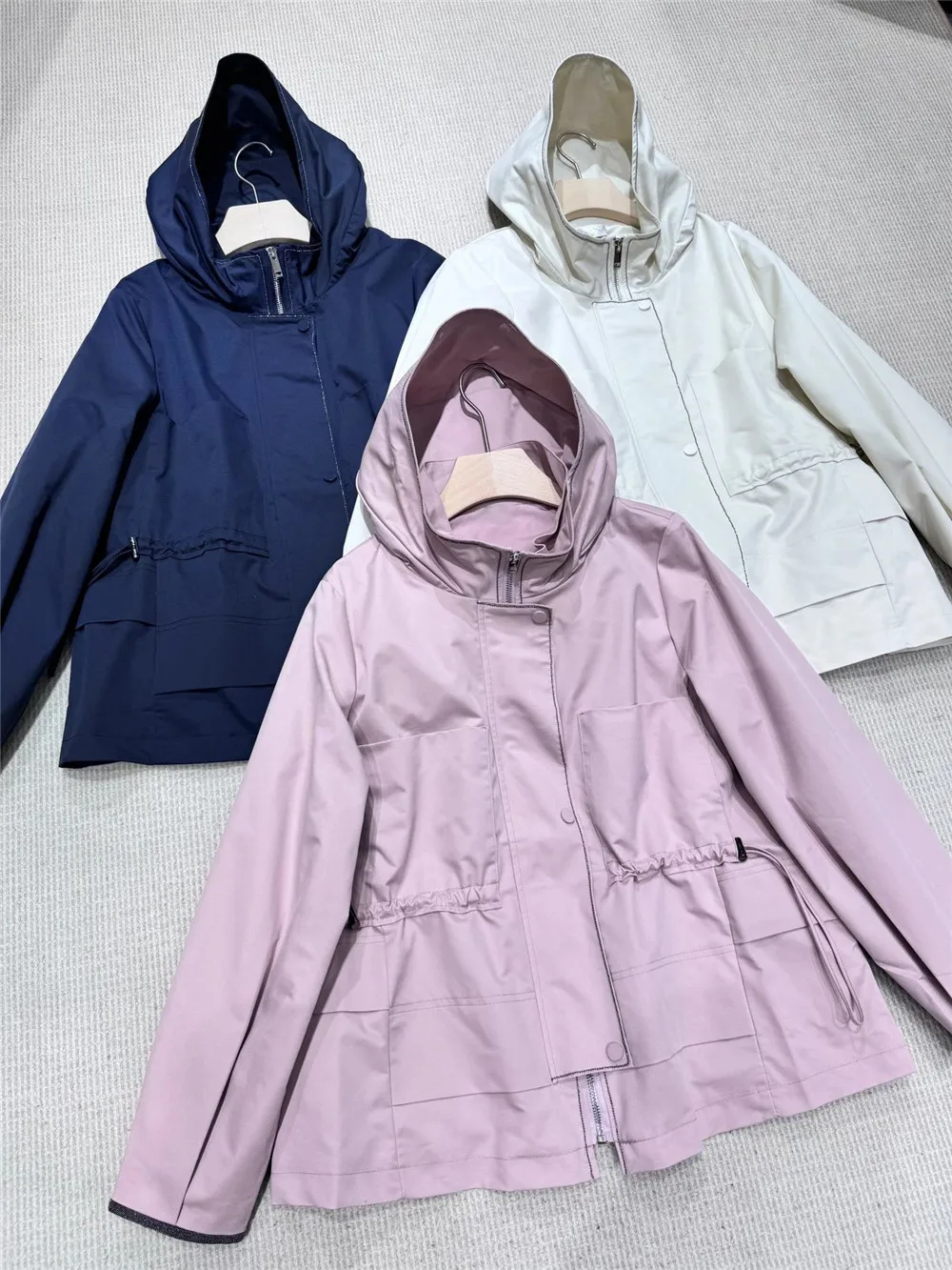 

2024 B*C Spring Women's Hooded Casual Trench Coat Drawstring WaistBand Bead Jacket Woman's Clothing