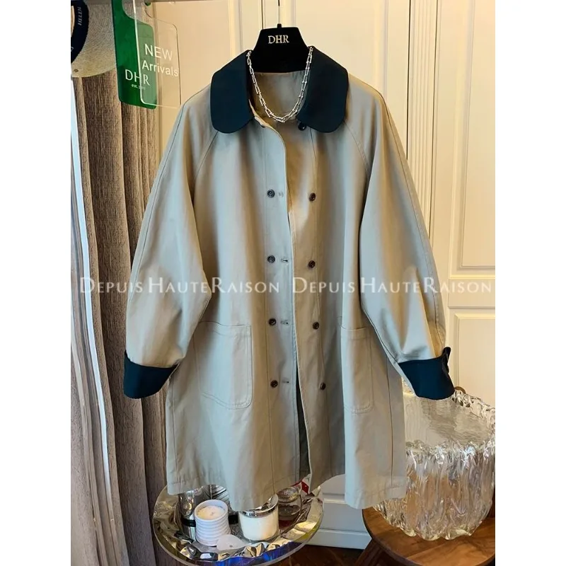 Women Old Money Style Vintage British Trench Coat Spring Autumn Khaki High Grade Lapel Outerwear
