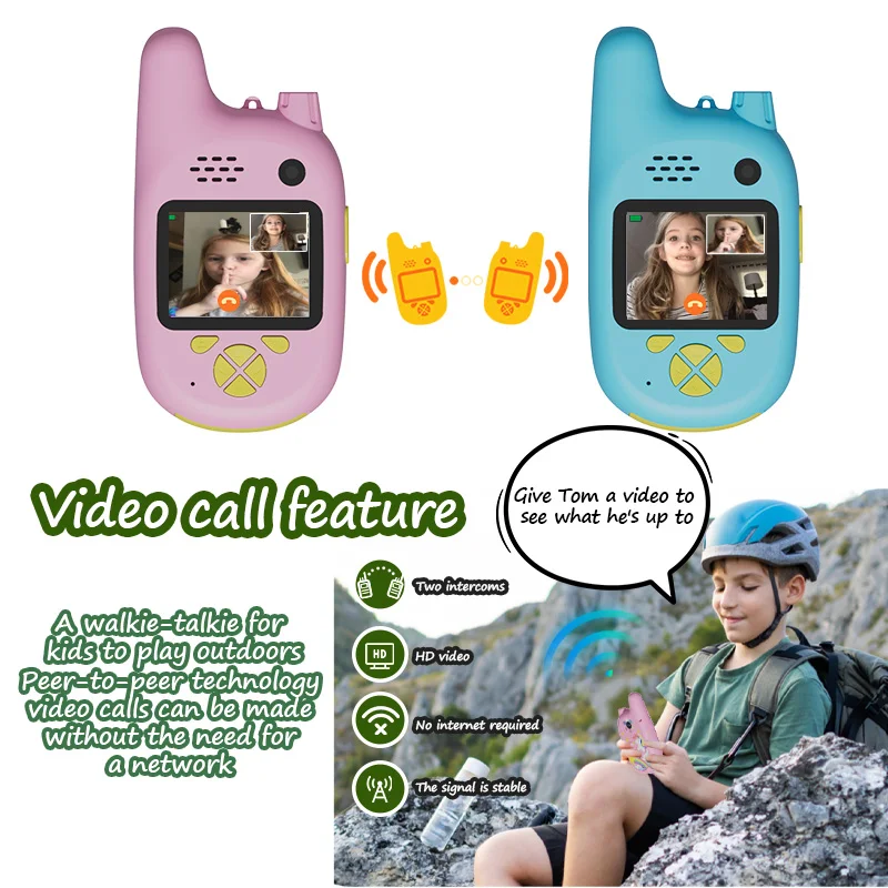 2개 어린이용 비디오 무전기 세트, 듀얼 무선 양방향 라디오, 700m 장거리, 4세 이상 남녀 어린이에게 적합