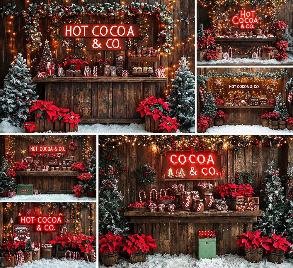 Mehofond Sfondo fotografico Inverno Natale Cacao caldo Negozio Regali Albero di Natale Bambini Ritratto di famiglia Decor Sfondo Studio fotografico